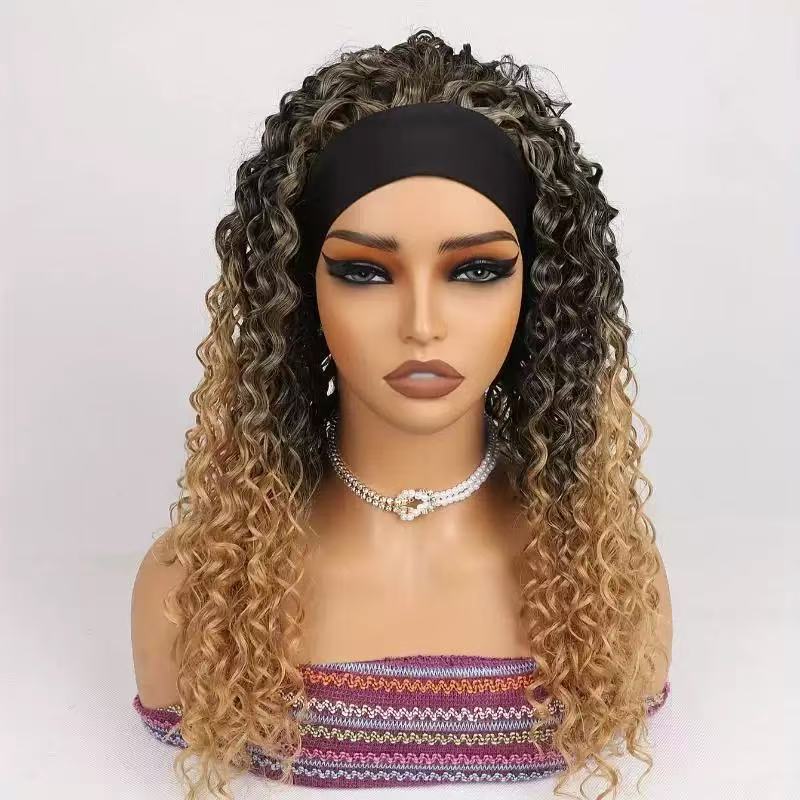 Headband Wig with African Curls in dark-to-honey blonde ombré synthetic fiber, with tight curls and a wide black band