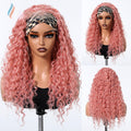 Headband Wig with African Curls in pink synthetic fiber, featuring long loose curls and a black-and-tan patterned headband