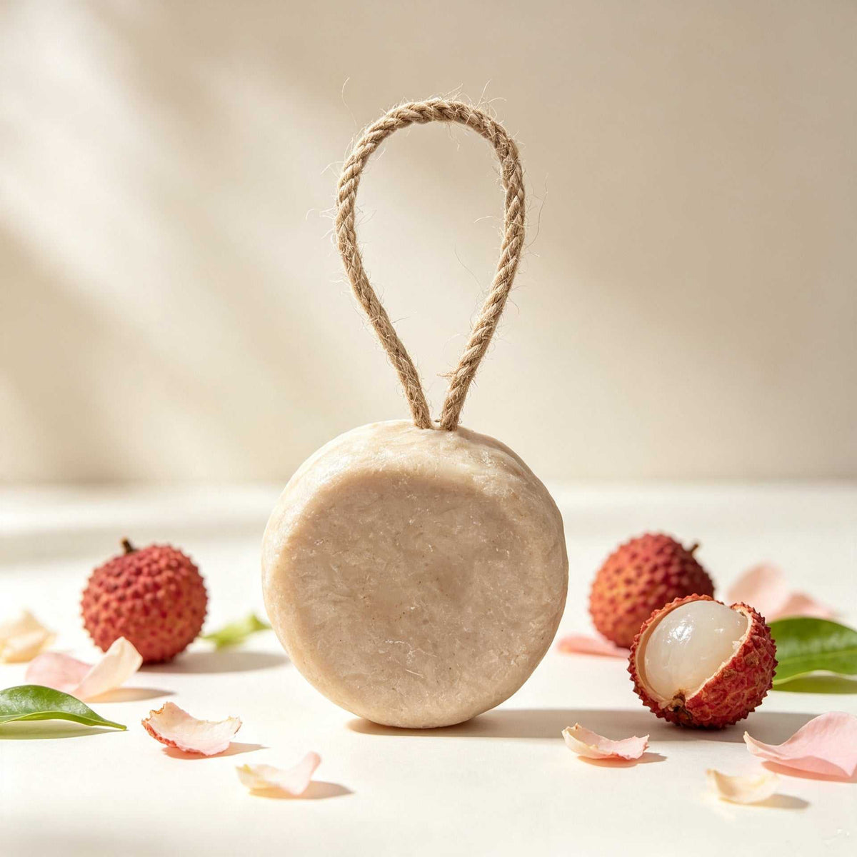 Herbal soap bar in pale beige natural material with a rounded shape and braided hanging rope loop