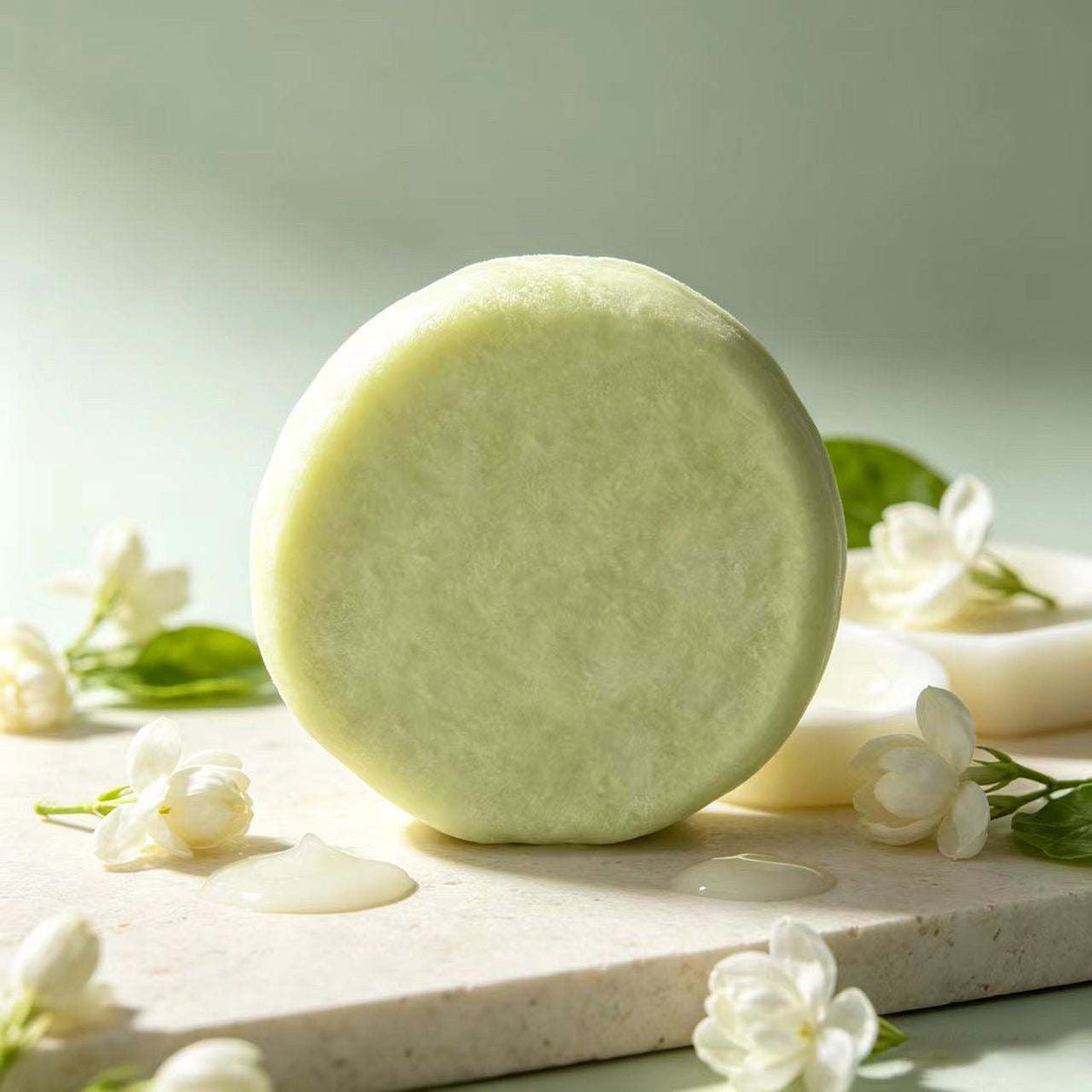 Herbal soap in a pale green round bar with a smooth, lightly textured surface and no visible packaging