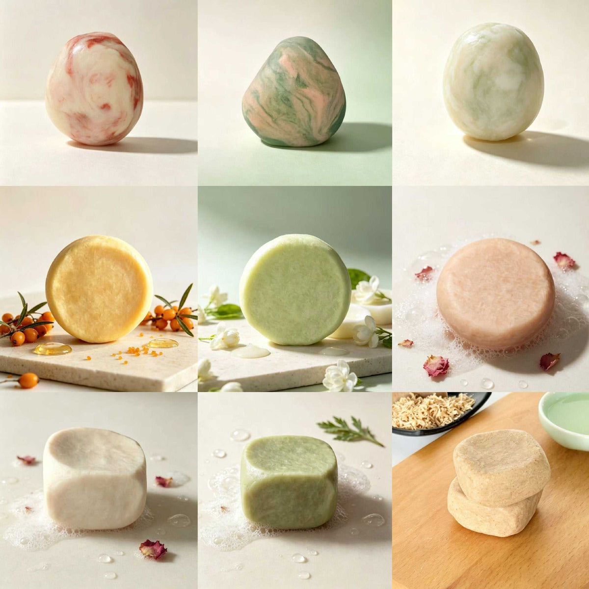 Herbal soap bars in pastel pink, green, cream, and golden hues, with marbled patterns and rounded or square shapes