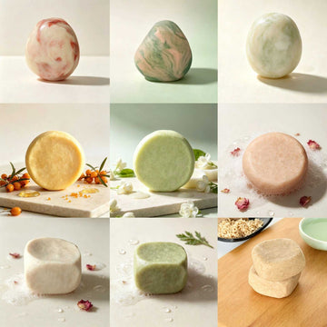 Herbal soap bars in pastel pink, green, cream, and golden hues, with marbled patterns and rounded or square shapes