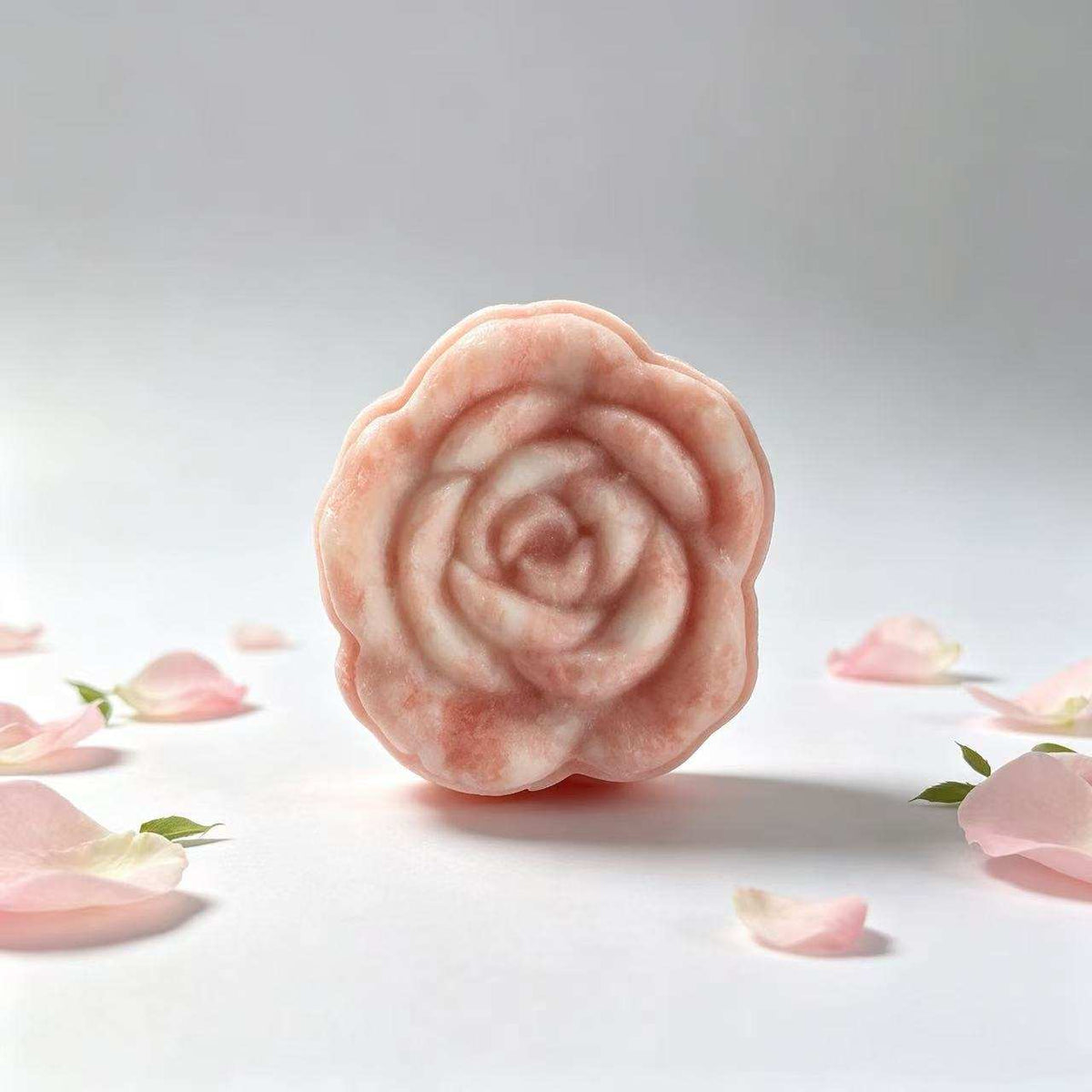 Herbal soap in a pale pink and cream rose shape, with a softly marbled finish and sculpted petal details