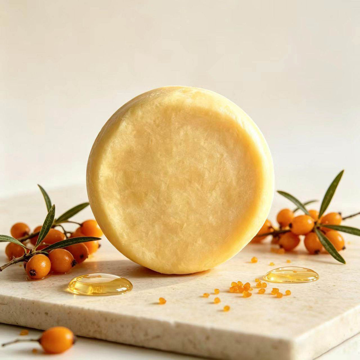Herbal soap in a round golden-yellow bar with a smooth, subtly marbled surface and translucent edges
