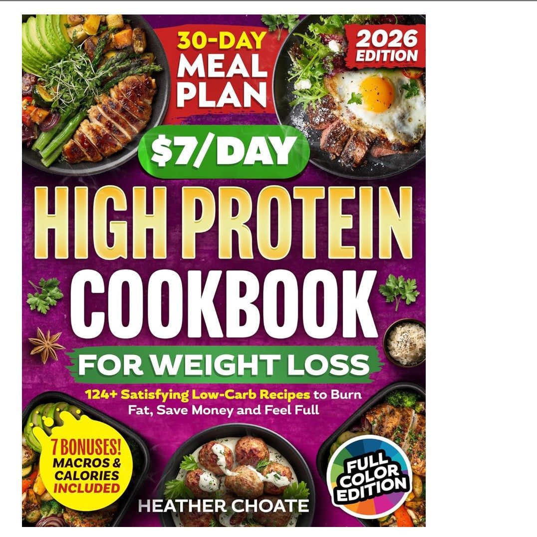 High Protein Low Carb cookbook with a vivid purple cover, bold lettering, food photos, and a 30-day meal plan.