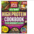 High Protein Low Carb cookbook with a vivid purple cover, bold lettering, food photos, and a 30-day meal plan.