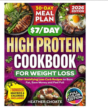 High Protein Low Carb cookbook with a vivid purple cover, bold lettering, food photos, and a 30-day meal plan.