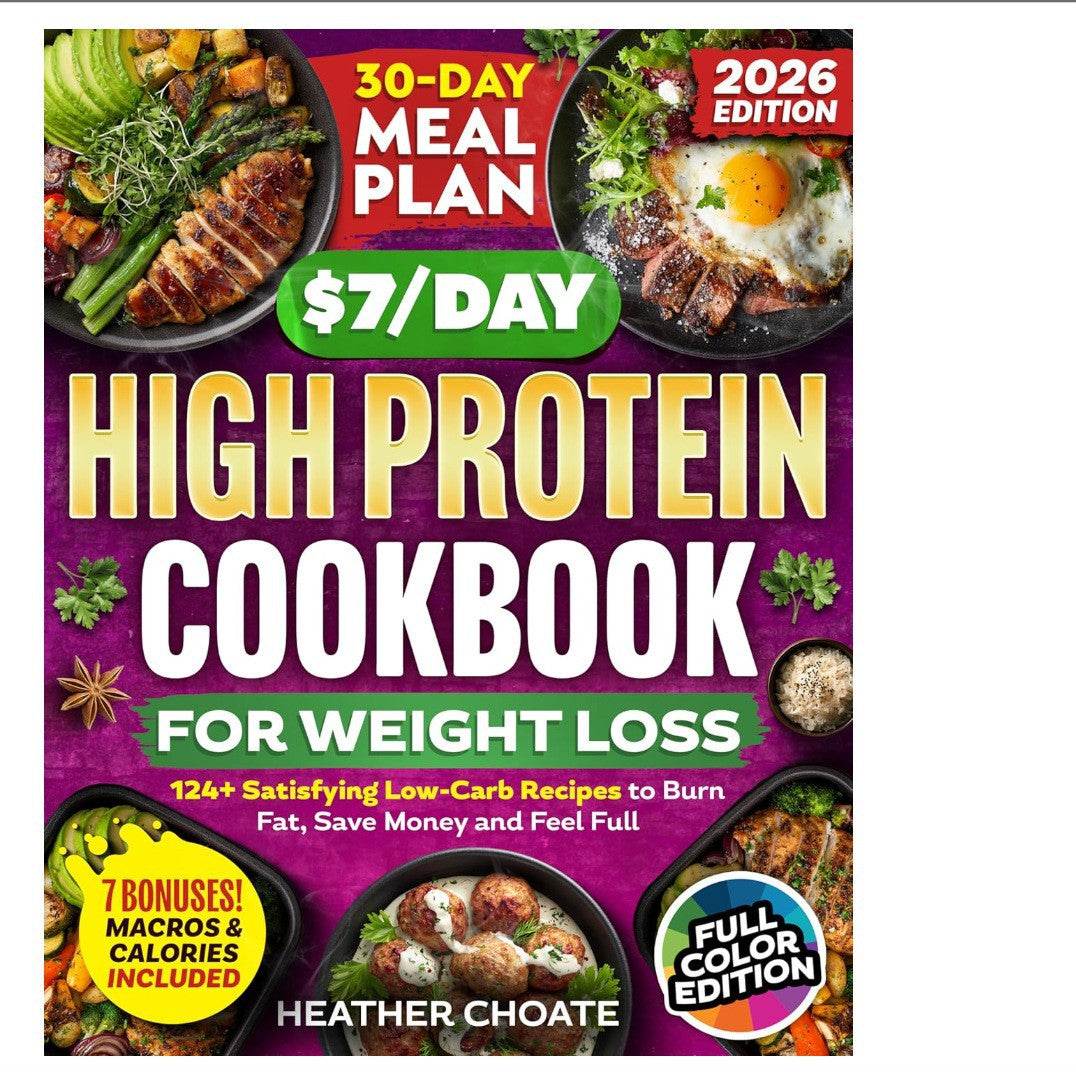 High Protein Low Carb cookbook with a vibrant purple cover, food photos, bold meal plan text, and colorful badges