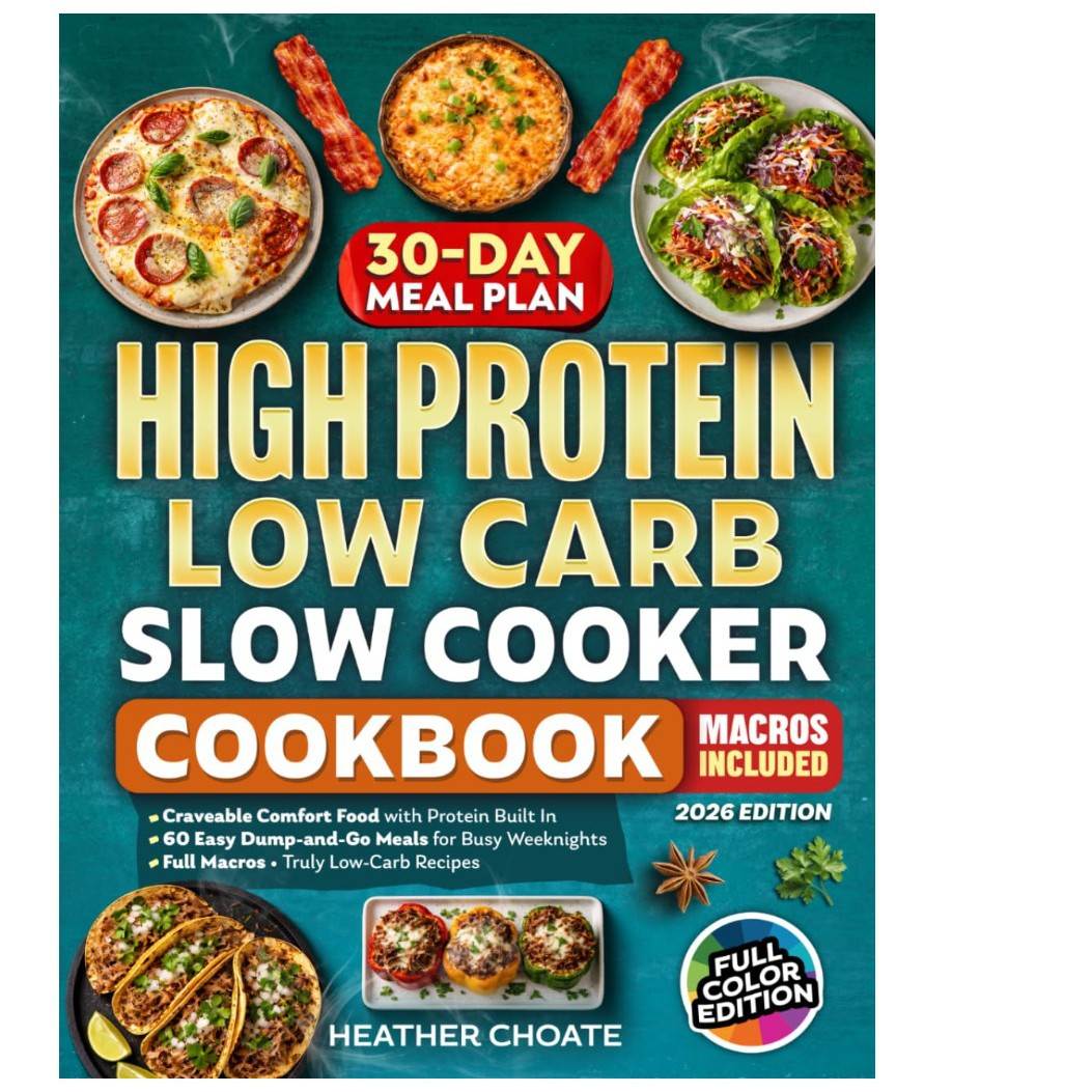 High Protein Low Carb recipe cookbook with a teal cover, bold yellow and white lettering, and colorful meal photos