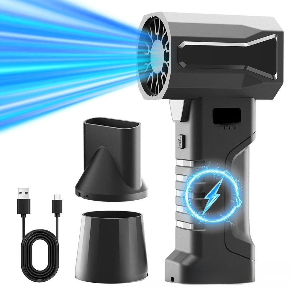 High-speed Ducted Hair Dryer in black and gray ABS with a wide turbofan nozzle, two attachments and charging cable