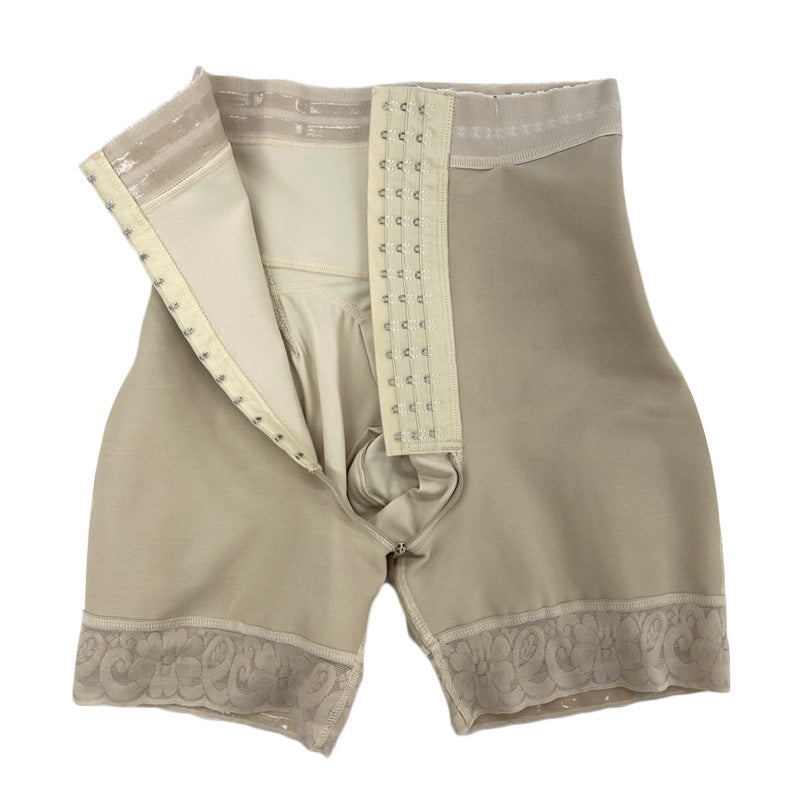 High Waist Shaping Pants in dark gray stretch fabric, with a wide waistband, contoured seams and lace-patterned leg bands.