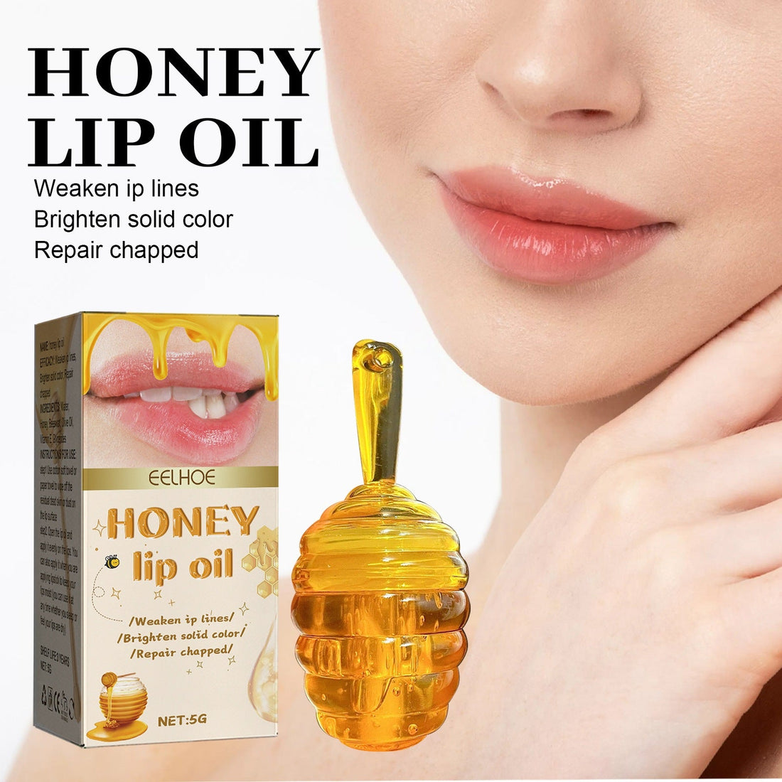 Honey Lip Oil Moisturizing in a glossy amber-gold, honeycomb-shaped bottle with a matching pointed applicator and printed box.