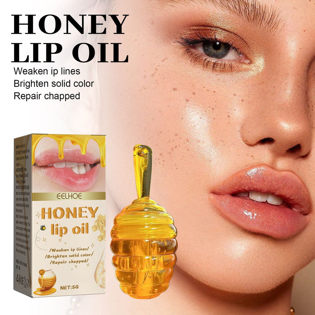 Honey Lip Oil Moisturizing in a glossy amber-gold, honeycomb-shaped bottle with a matching pointed applicator and printed box.