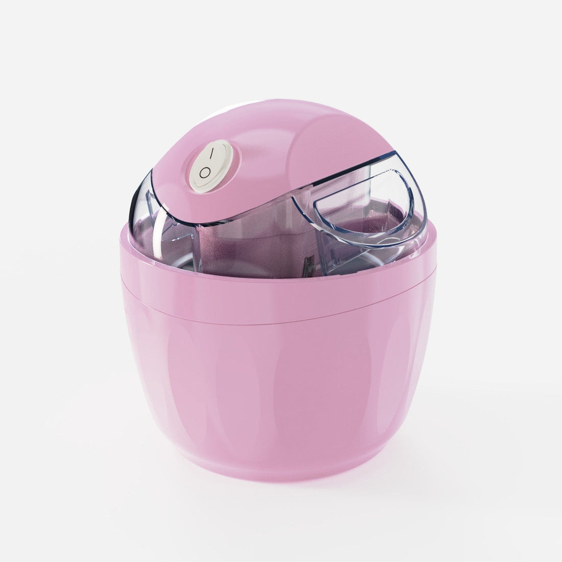 Household Electric Ice Cream Maker in glossy pink plastic, with a clear domed lid and a single-button control.