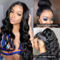 Human Hair Wigs Black with glossy black wavy hair, natural baby hairs, and a versatile lace-front hairline for updos
