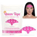 Hydrating Sleep Mouth Tape shown as a pink patterned forehead patch beside Queen Tape packaging and a model wearing it