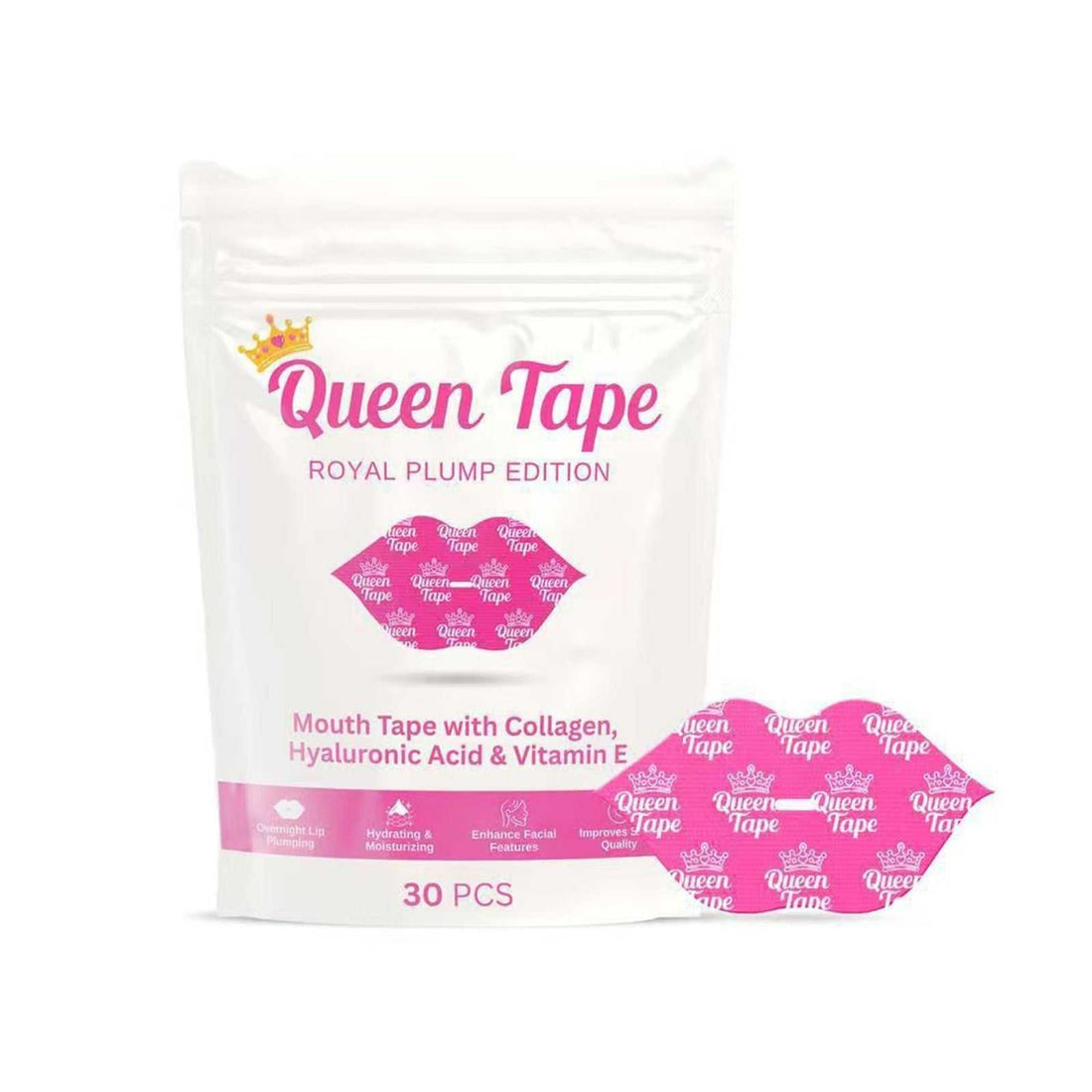Hydrating Sleep Mouth Tape in pink printed patches with white resealable pouch packaging, labeled with collagen and hyaluronic acid