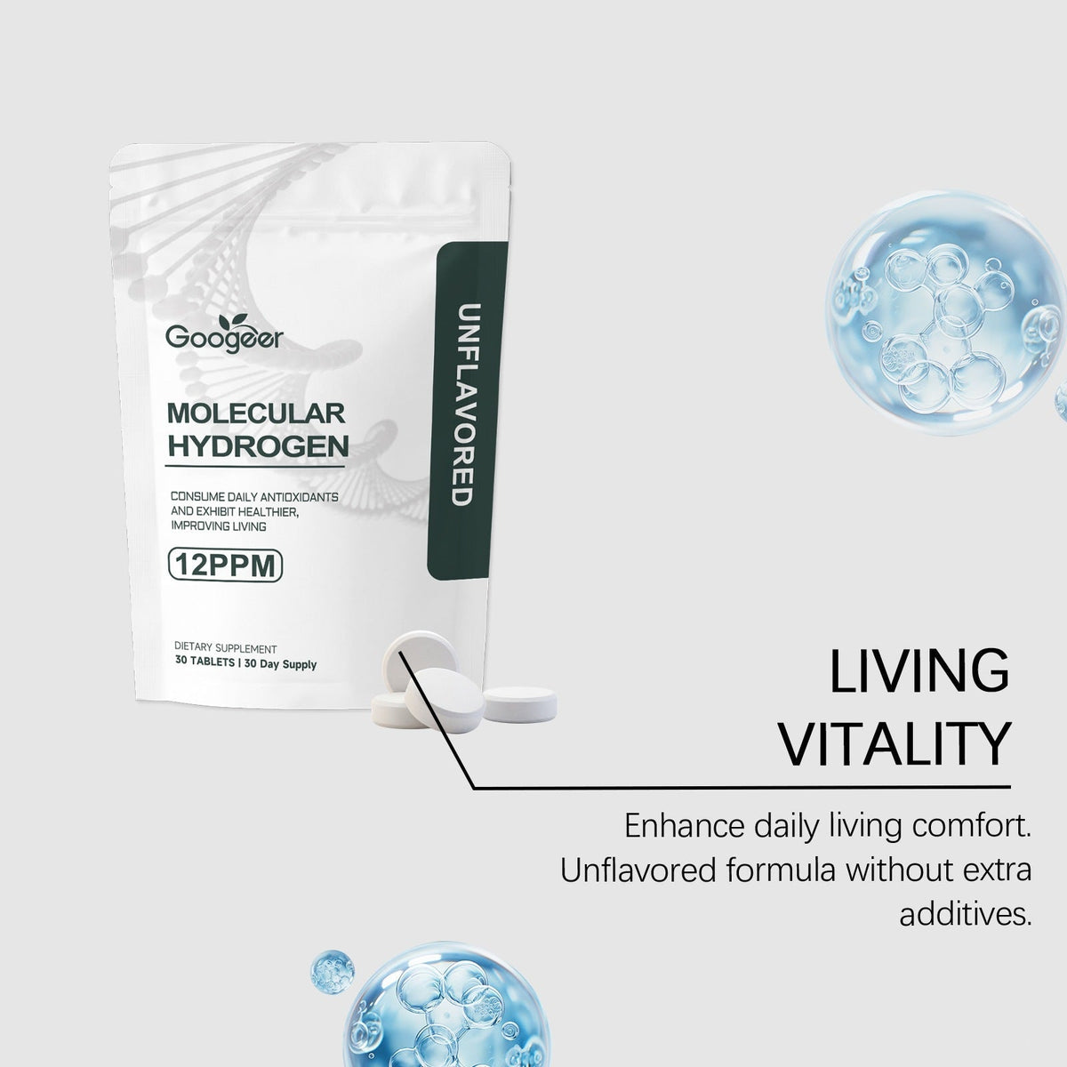 Hydrogen Boosting Tablets in a white Googeer pouch with dark green label, unflavored formula, and two white tablets