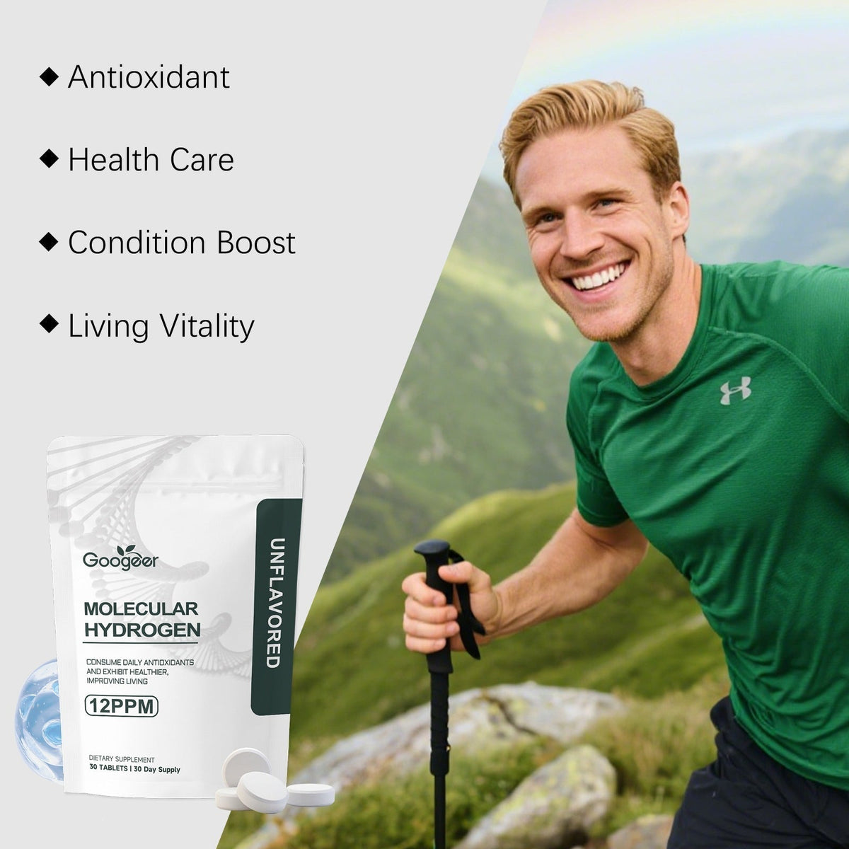 Hydrogen Boosting Tablets in a white Googeer pouch with molecular hydrogen labeling and a black unopened side strip