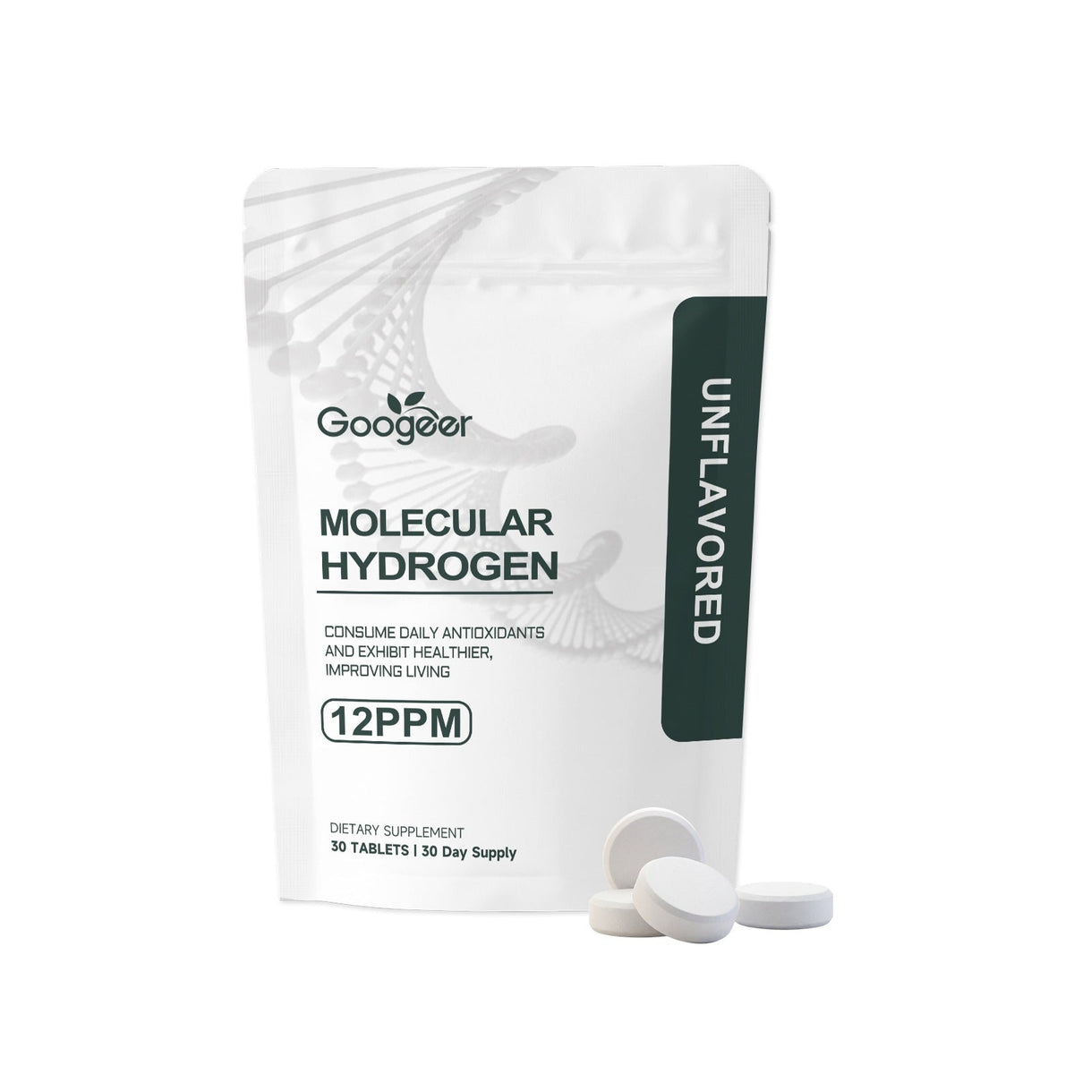 Hydrogen Boosting Tablets in a white pouch with dark green unflavored label and white tablets, marked 12 PPM
