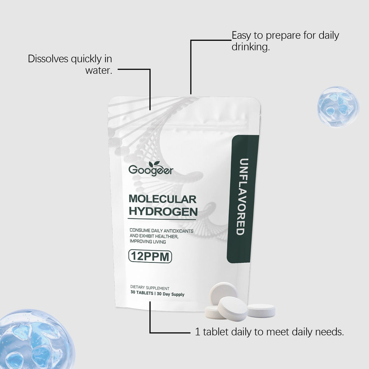 Hydrogen Boosting Tablets in a white resealable pouch with dark green unflavored label and white tablets