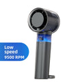 Ice Cold Breeze Hand Held Fan in dark gray ABS plastic, with a circular black fan head and blue digital display
