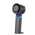 Ice Cold Breeze Hand Held Fan with dark gray casing, circular bladeless-style head, blue digital display and base clip.