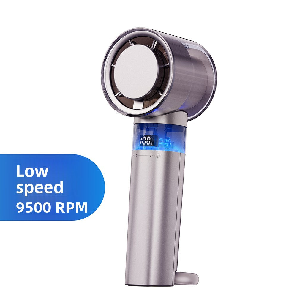 Ice Cold Breeze Hand Held Fan in metallic lavender with a bladeless circular head, blue digital display and folding stand.