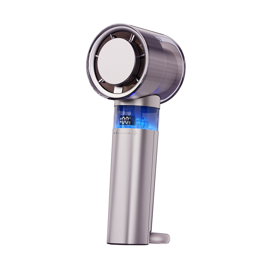 Ice Cold Breeze Hand Held Fan in metallic gray plastic, featuring a circular bladeless-style head and blue digital display.