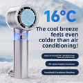 Ice Cold Breeze Hand Held Fan in silver-gray plastic with a circular cooling head, digital display, and slim handle