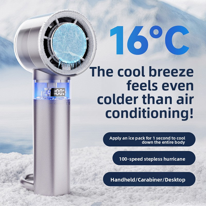 Ice Cold Breeze Hand Held Fan in silver-gray plastic with a circular cooling head, digital display, and slim handle
