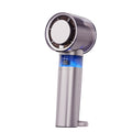 Ice Cold Breeze Hand Held Fan in metallic silver with a dark purple bladeless circular head and blue digital display
