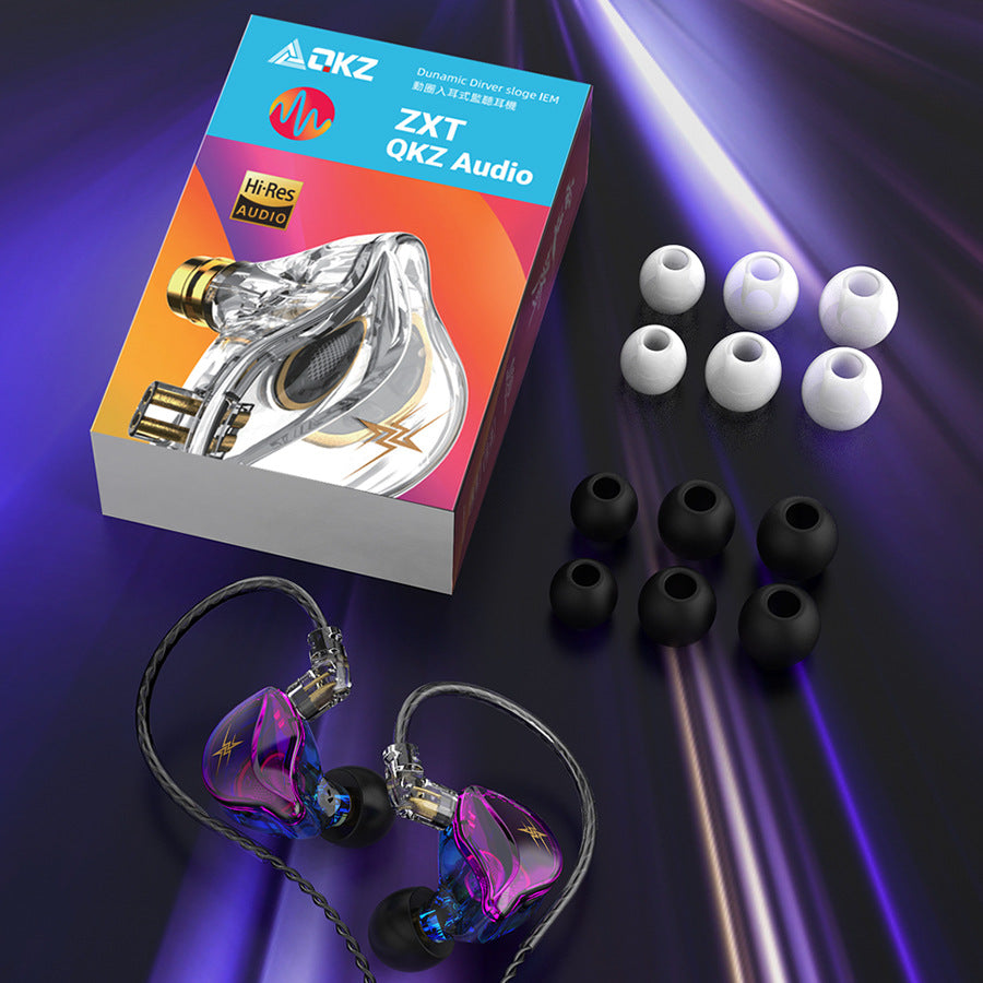 In-Ear Monitoring Earphones with glossy magenta and transparent shells, black silicone tips, braided cables and L/R markings