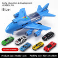 Inertia Transforming Aircraft Toy in blue plastic with gray details, colorful buttons, four engines and five multicolor cars