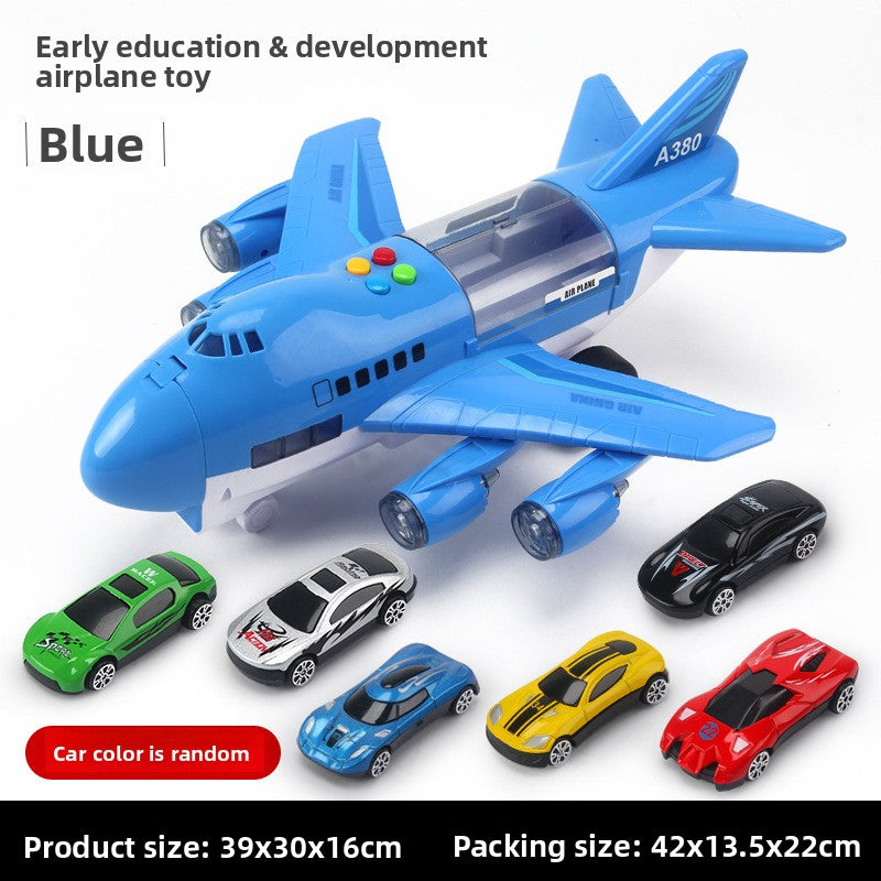 Inertia Transforming Aircraft Toy in blue plastic with gray details, colorful buttons, four engines and five multicolor cars