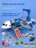 Inertia Transforming Aircraft Toy in blue and white police livery, with a crane, four alloy cars, ramps and road props