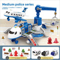 Inertia Transforming Aircraft Toy in blue and white police styling, with a crane, roadway ramps, signs and three cars