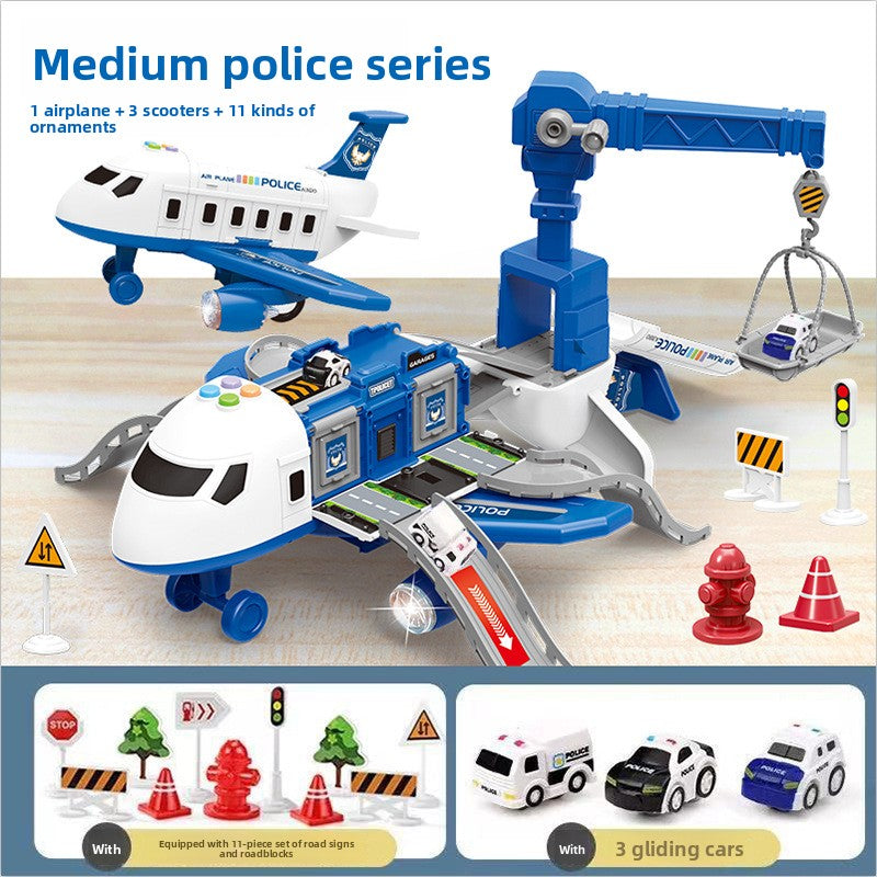 Inertia Transforming Aircraft Toy in blue and white police styling, with a crane, roadway ramps, signs and three cars