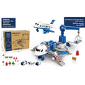Inertia Transforming Aircraft Toy with a blue and white airport playset, passenger plane, two small cars, and accessories
