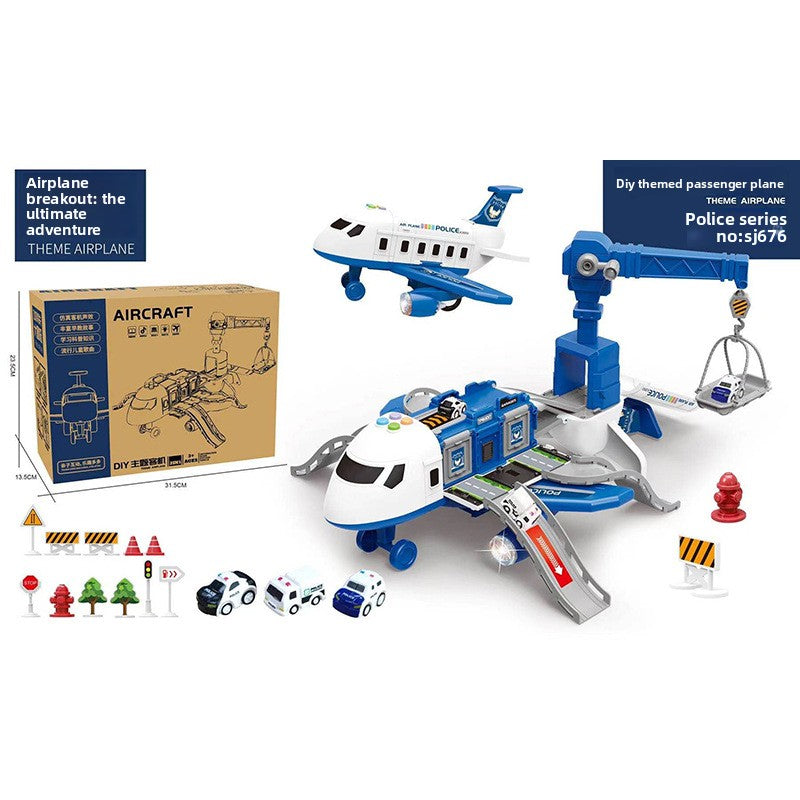 Inertia Transforming Aircraft Toy with a blue and white airport playset, passenger plane, two small cars, and accessories