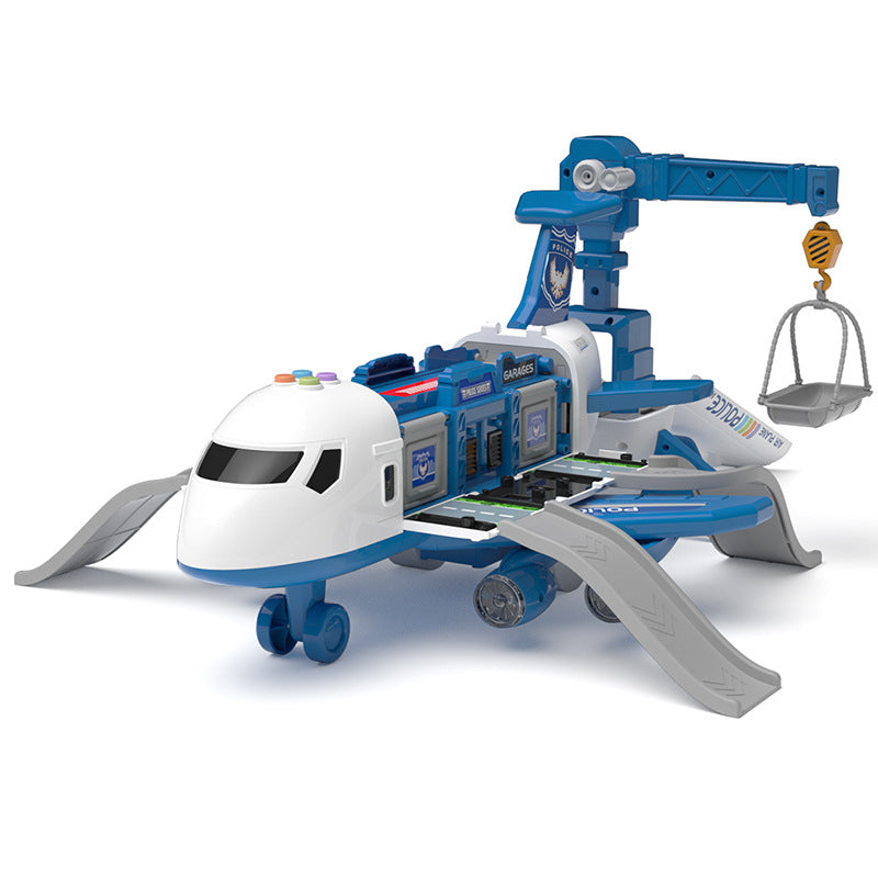 Inertia Transforming Aircraft Toy in blue and white plastic, designed as a cargo plane with a crane arm and loading ramp