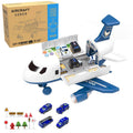 Inertia Transforming Aircraft Toy, white and blue plastic police plane with an open vehicle bay, miniature cars and road accessories