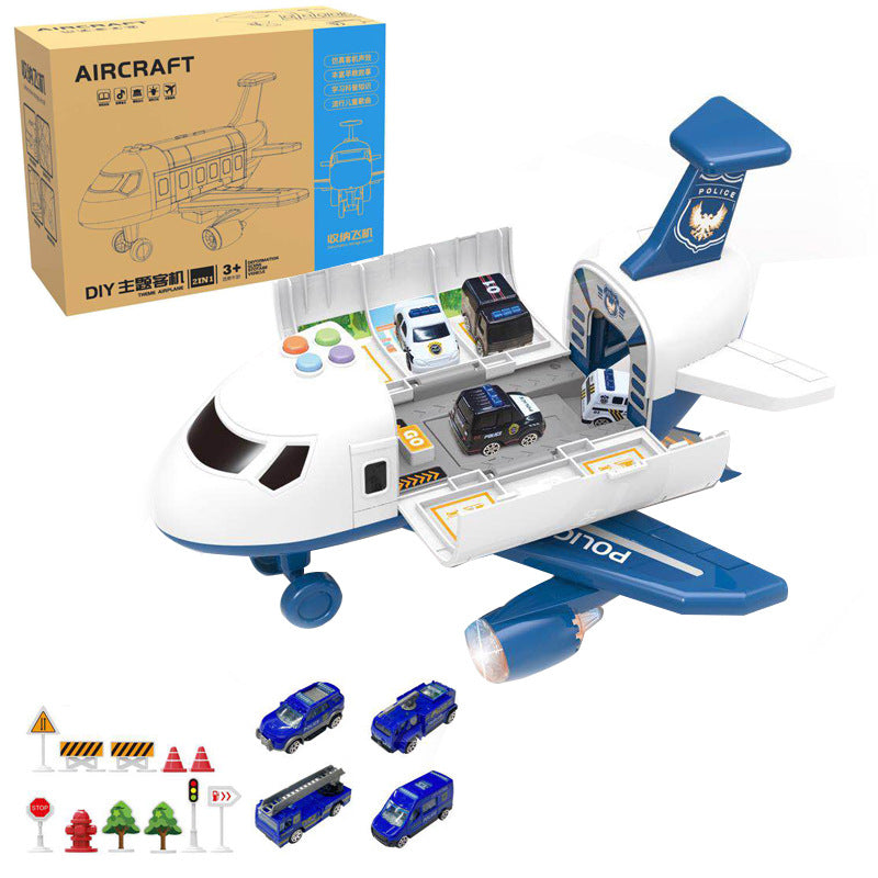 Inertia Transforming Aircraft Toy, white and blue plastic police plane with an open vehicle bay, miniature cars and road accessories
