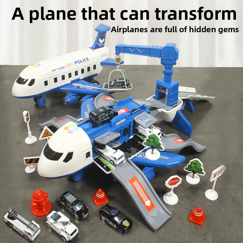 Inertia Transforming Aircraft Toy in blue and white plastic, with police plane sections, fold-out road ramps, signs and cars.