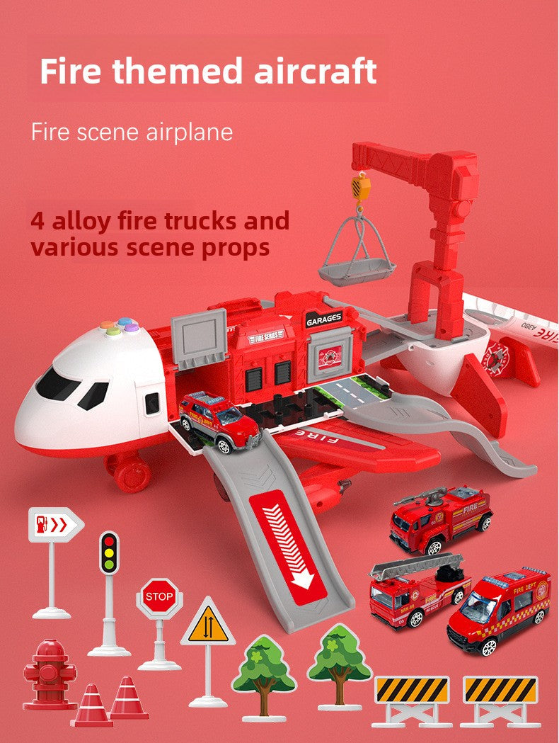 Inertia Transforming Aircraft Toy in red fire-engine colors, with a white-nosed plane, vehicle ramps, fire trucks and rescue props