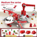 Inertia Transforming Aircraft Toy in red and white, with a fire station playset, crane, ramps, road signs and three red cars
