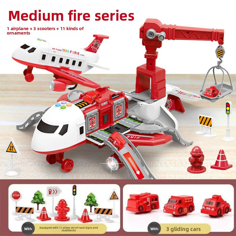 Inertia Transforming Aircraft Toy in red and white, with a fire station playset, crane, ramps, road signs and three red cars