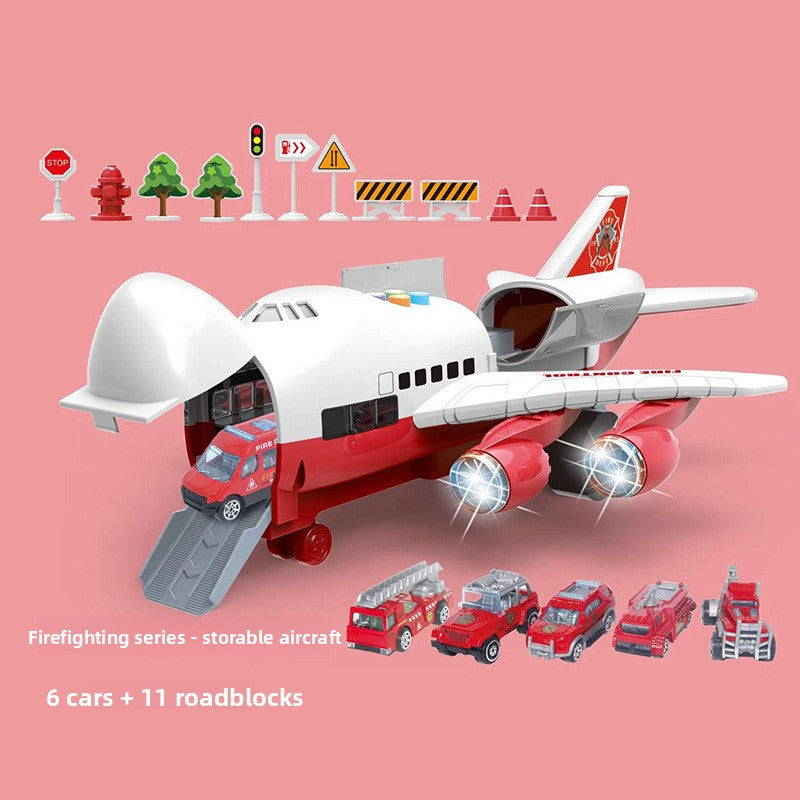 Inertia Transforming Aircraft Toy in white and red plastic, shown as a fire engine carrier with ramp, six cars and roadblock pieces