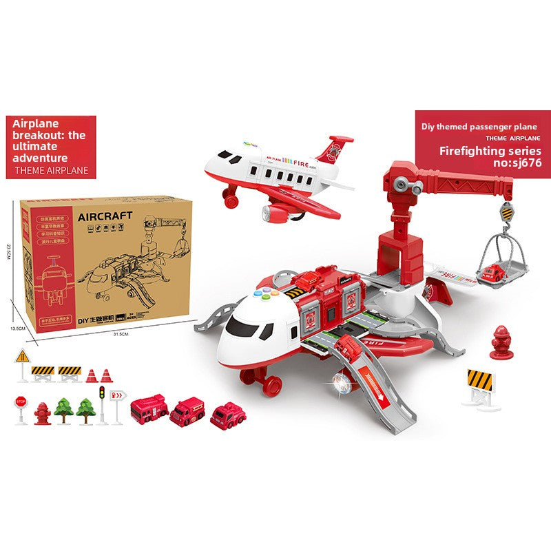 Inertia Transforming Aircraft Toy in red and white plastic with a fire engine theme, runway ramps, crane and small cars