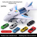 Inertia Transforming Aircraft Toy, white passenger airplane with blue markings and colorful buttons, paired with five assorted alloy cars